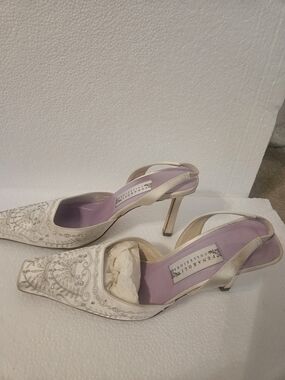 Embroidered Ivory Slingback Heels with Lilac Insole